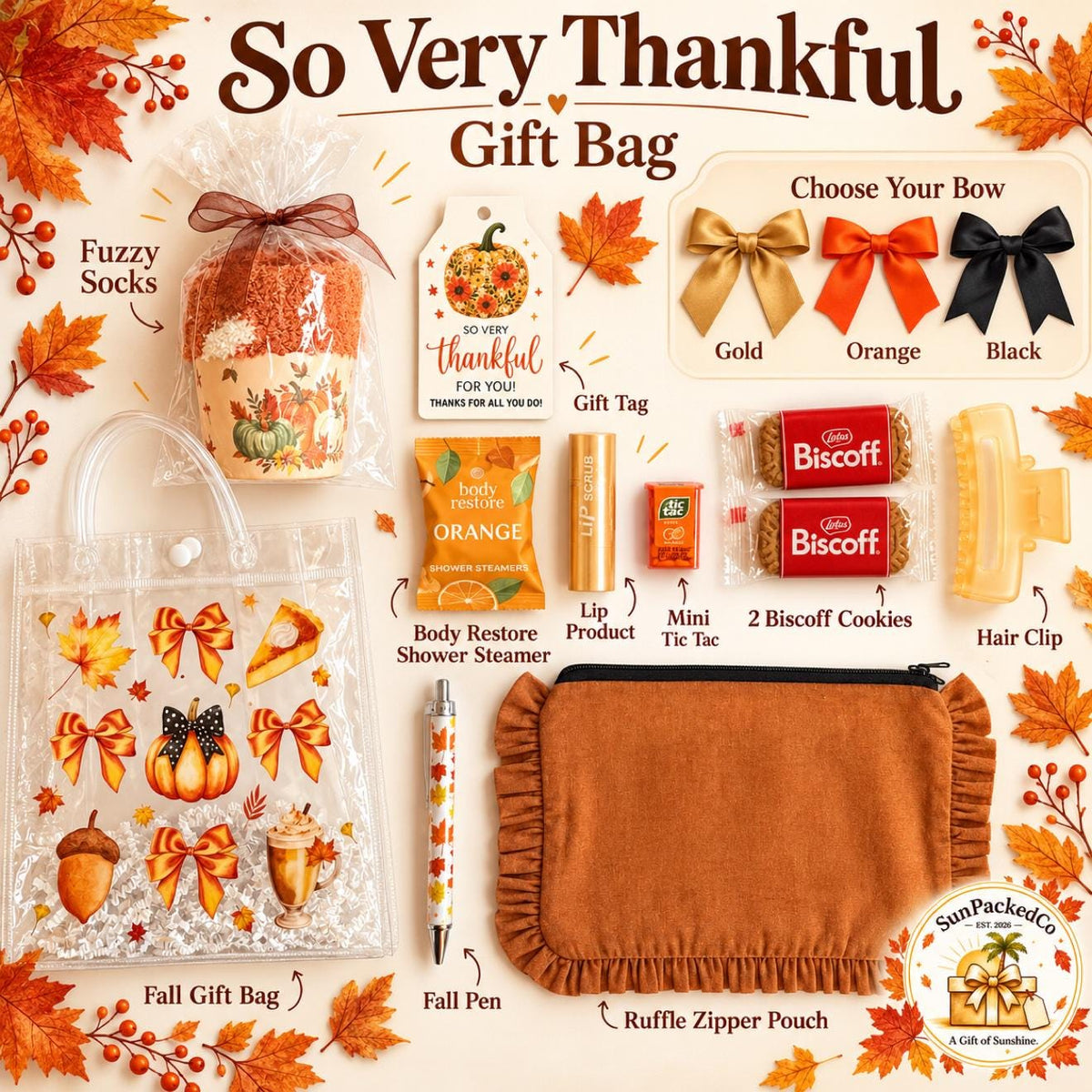 So Very Thankful Gift Bag | Fall Thank You Gift for Women, Cozy Socks Cupcake & Ruffle Pouch, Thanksgiving Hostess Friendsgiving Gift