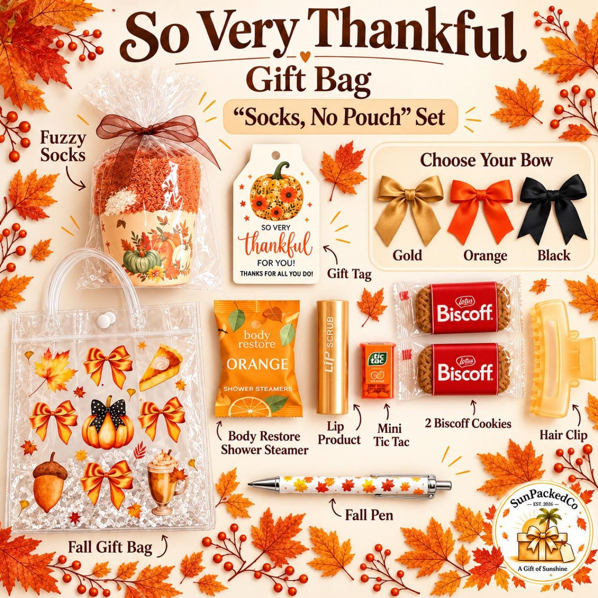 So Very Thankful Gift Bag | Fall Thank You Gift for Women, Cozy Socks Cupcake & Ruffle Pouch, Thanksgiving Hostess Friendsgiving Gift