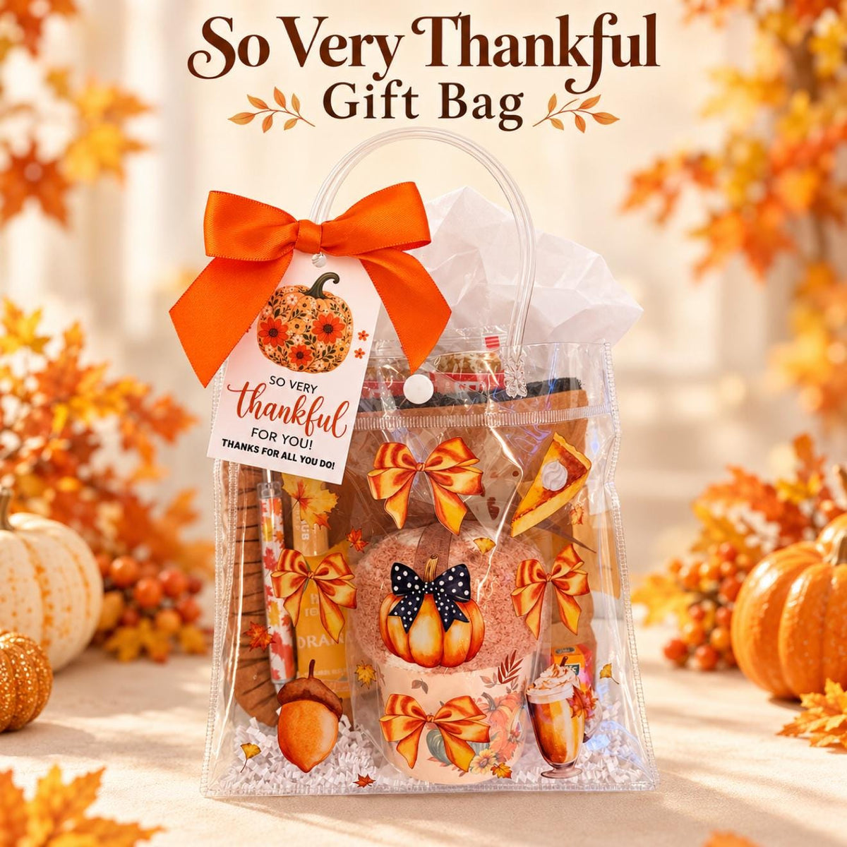 So Very Thankful Gift Bag | Fall Thank You Gift for Women, Cozy Socks Cupcake & Ruffle Pouch, Thanksgiving Hostess Friendsgiving Gift