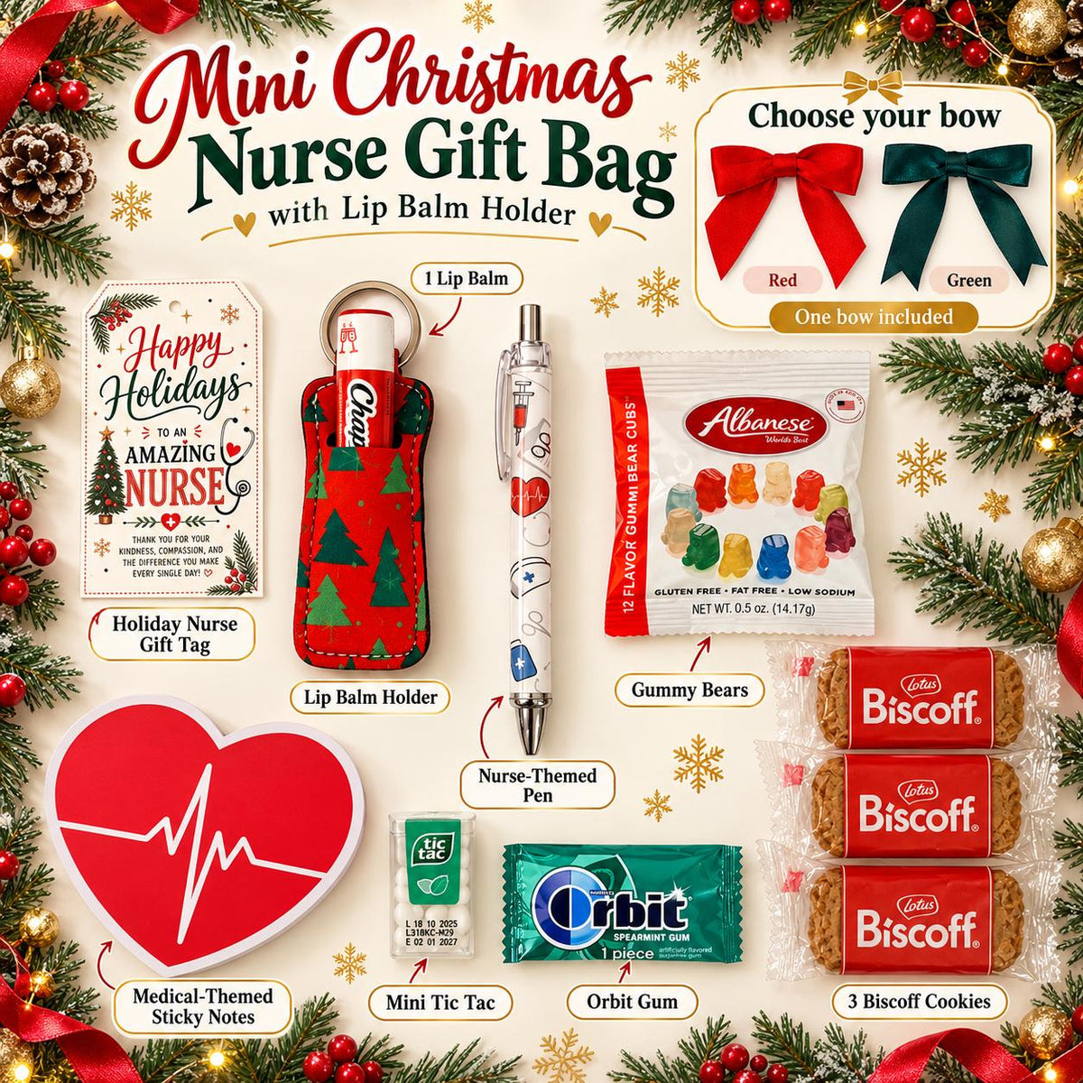 Mini Christmas Nurse Gift Bag with Lip Balm Holder | Nurse Appreciation Holiday Gift, Biscoff, Pen and Sticky Notes | Stocking Stuffer