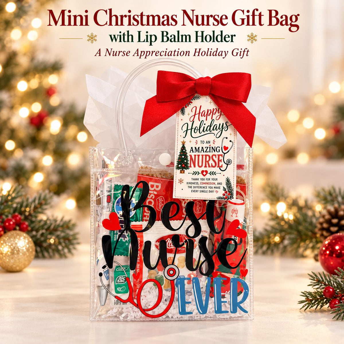 Mini Christmas Nurse Gift Bag with Lip Balm Holder | Nurse Appreciation Holiday Gift, Biscoff, Pen and Sticky Notes | Stocking Stuffer