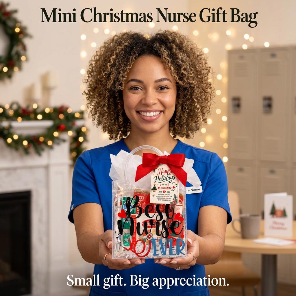 Mini Christmas Nurse Gift Bag with Lip Balm Holder | Nurse Appreciation Holiday Gift, Biscoff, Pen and Sticky Notes | Stocking Stuffer