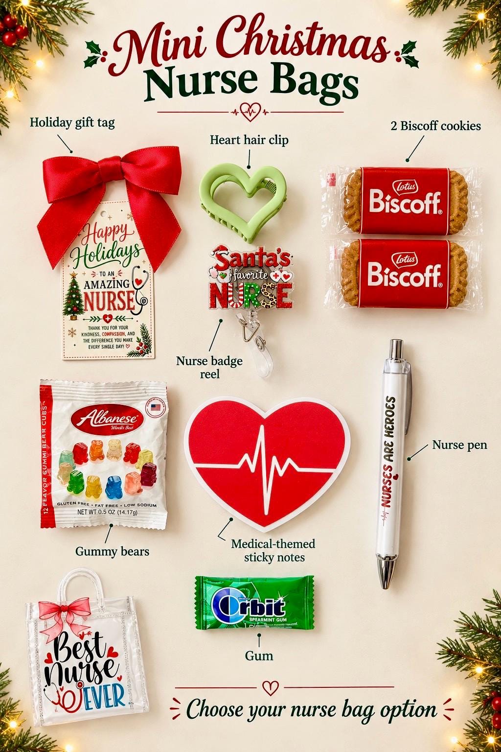 Mini Christmas Nurse Gift Bag | Nurse Appreciation Holiday Gift with Biscoff, Pen and Sticky Notes | Stocking Stuffer for Nurses