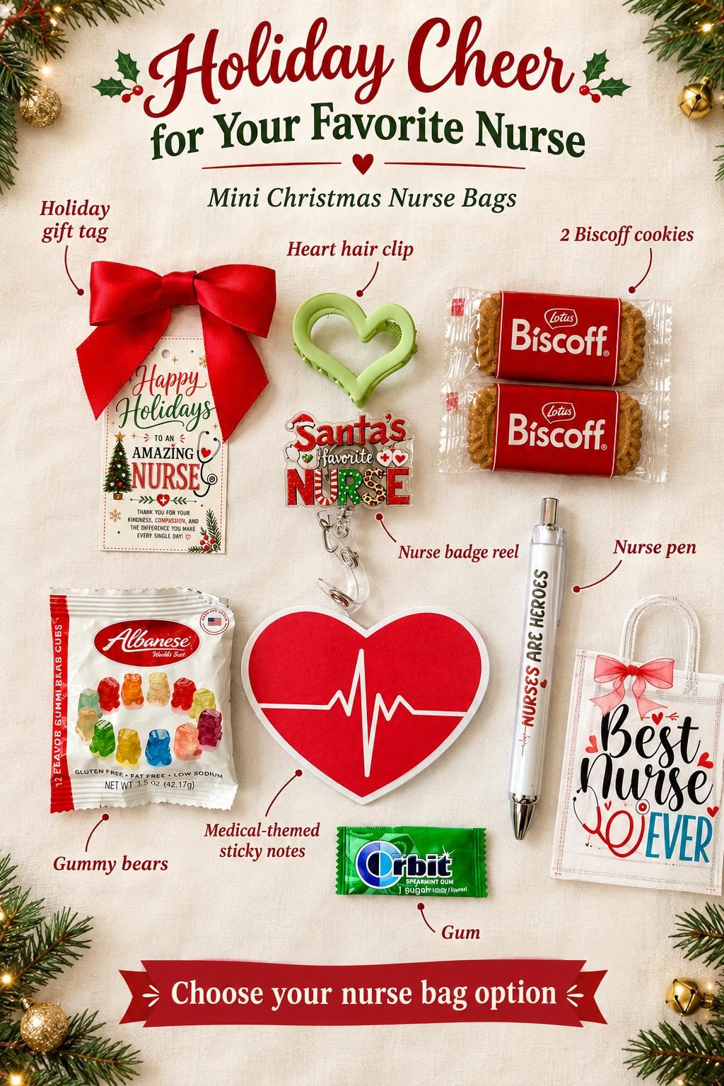 Mini Christmas Nurse Gift Bag | Nurse Appreciation Holiday Gift with Biscoff, Pen and Sticky Notes | Stocking Stuffer for Nurses