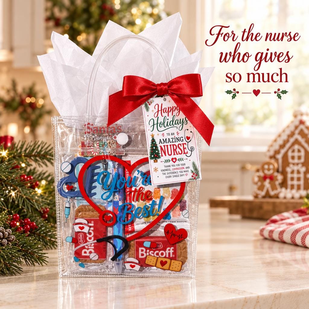 Mini Christmas Nurse Gift Bag | Nurse Appreciation Holiday Gift with Biscoff, Pen and Sticky Notes | Stocking Stuffer for Nurses