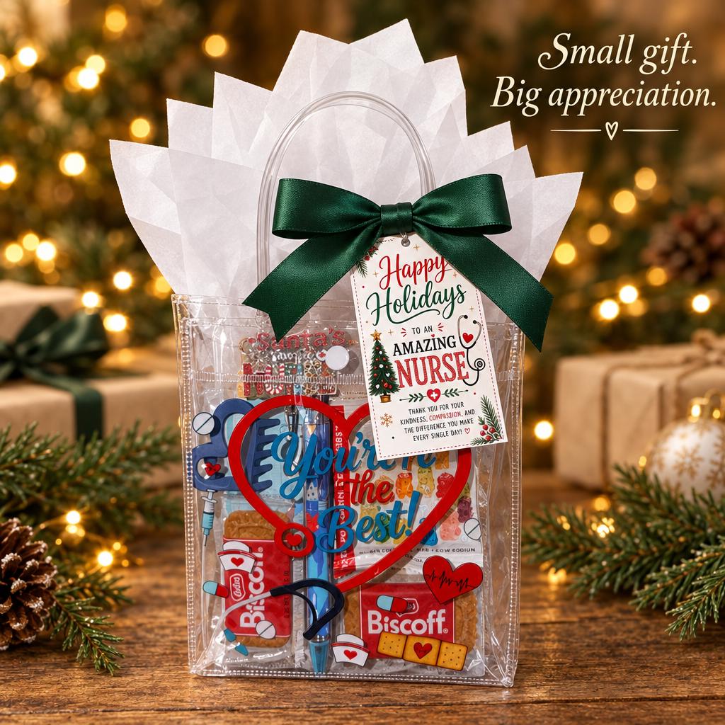 Mini Christmas Nurse Gift Bag | Nurse Appreciation Holiday Gift with Biscoff, Pen and Sticky Notes | Stocking Stuffer for Nurses