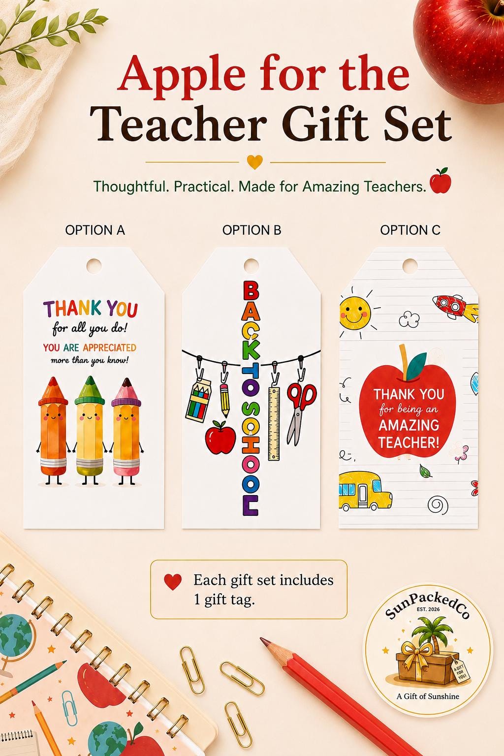 Apple for the Teacher Gift Set | Teacher Appreciation Gift Bag, Thank You Teacher Gift, Ready to Gift