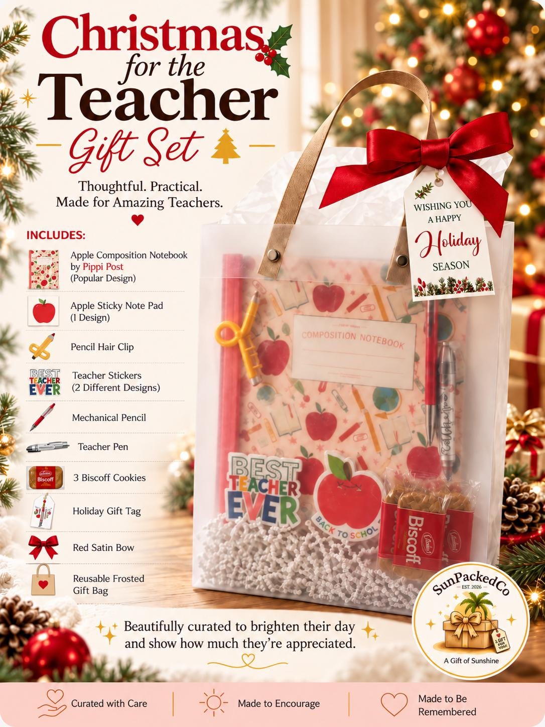 Christmas Apple for the Teacher Gift Set | Teacher Christmas Gift Bag, Holiday Thank You Gift for Teachers, Ready to Gift