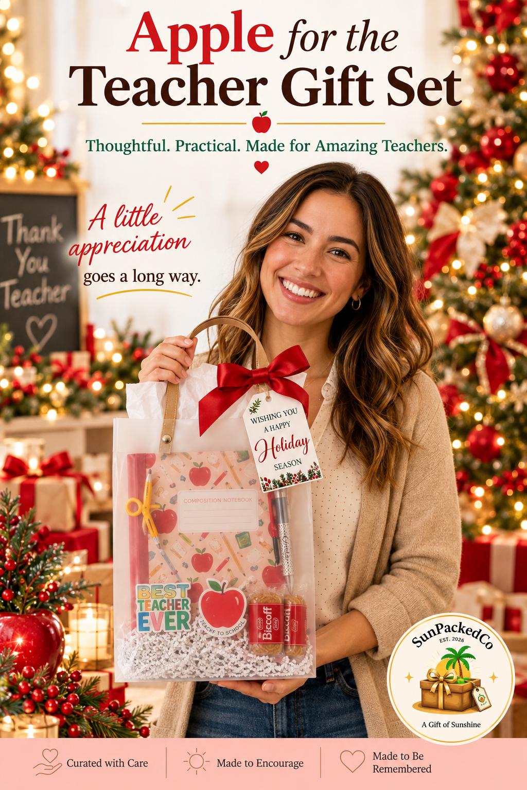 Christmas Apple for the Teacher Gift Set | Teacher Christmas Gift Bag, Holiday Thank You Gift for Teachers, Ready to Gift