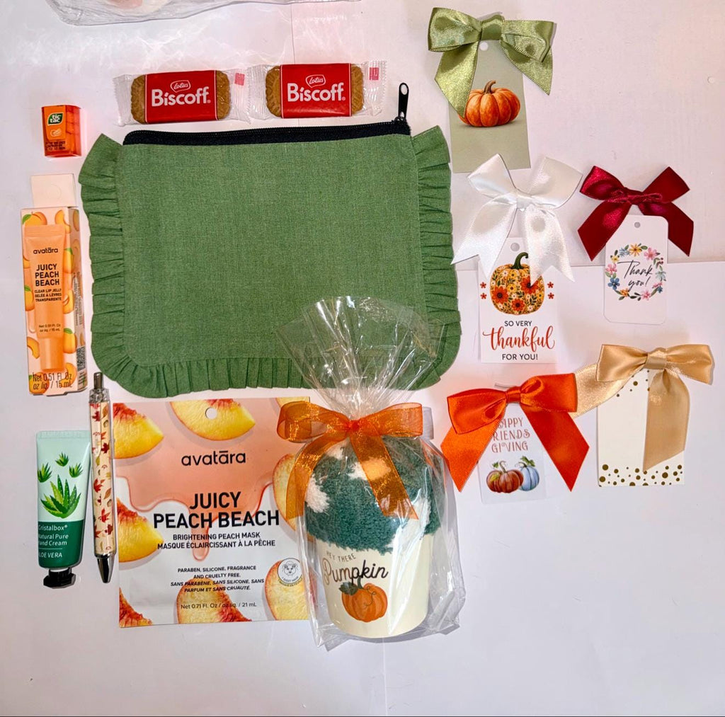 Hey There Pumpkin Friendsgiving Gift Bag | Green and Orange Thanksgiving Self Care Gift for Women with Cozy Socks, Lip Jelly & Face Mask