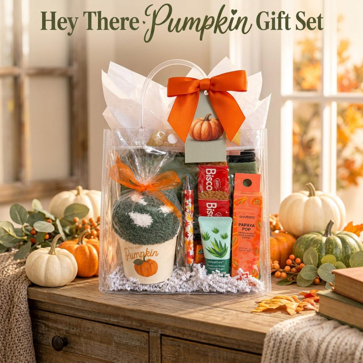Hey There Pumpkin Friendsgiving Gift Bag | Green and Orange Thanksgiving Self Care Gift for Women with Cozy Socks, Lip Jelly & Face Mask