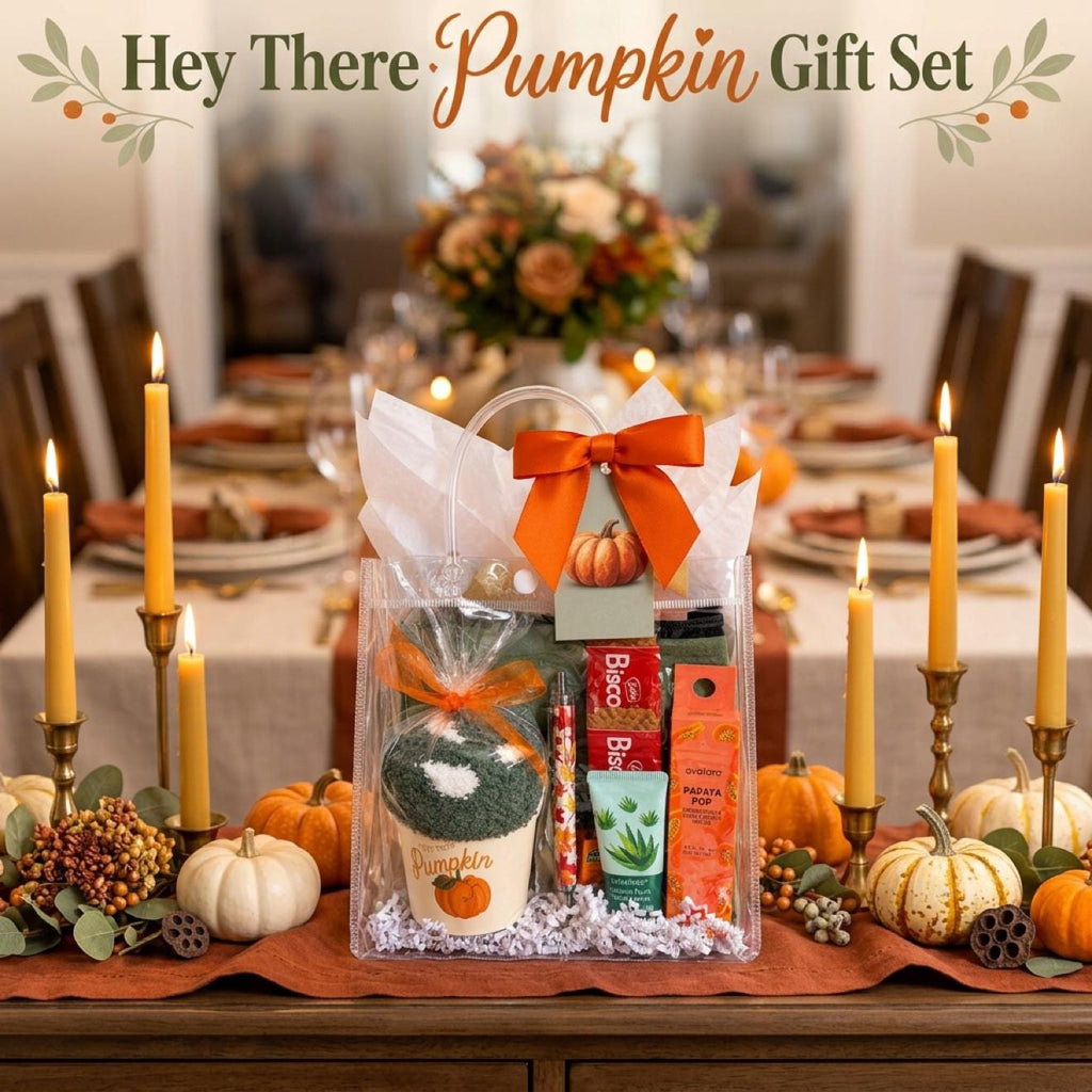 Hey There Pumpkin Friendsgiving Gift Bag | Green and Orange Thanksgiving Self Care Gift for Women with Cozy Socks, Lip Jelly & Face Mask