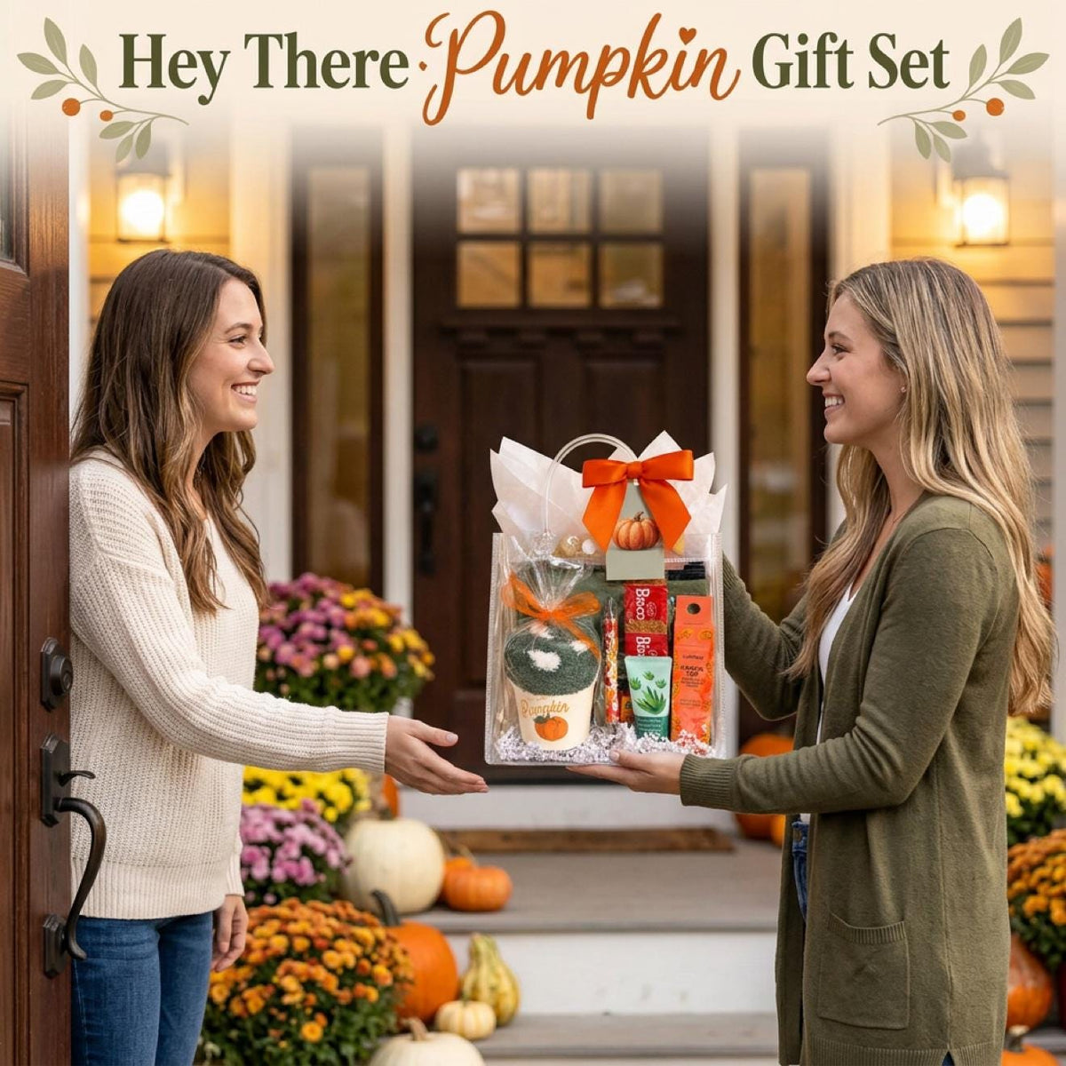 Hey There Pumpkin Friendsgiving Gift Bag | Green and Orange Thanksgiving Self Care Gift for Women with Cozy Socks, Lip Jelly & Face Mask