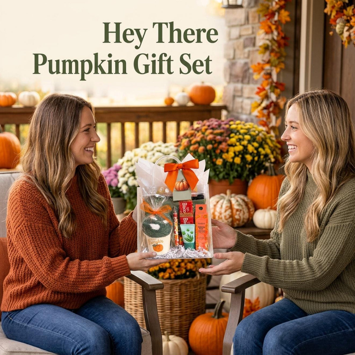 Hey There Pumpkin Friendsgiving Gift Bag | Green and Orange Thanksgiving Self Care Gift for Women with Cozy Socks, Lip Jelly & Face Mask