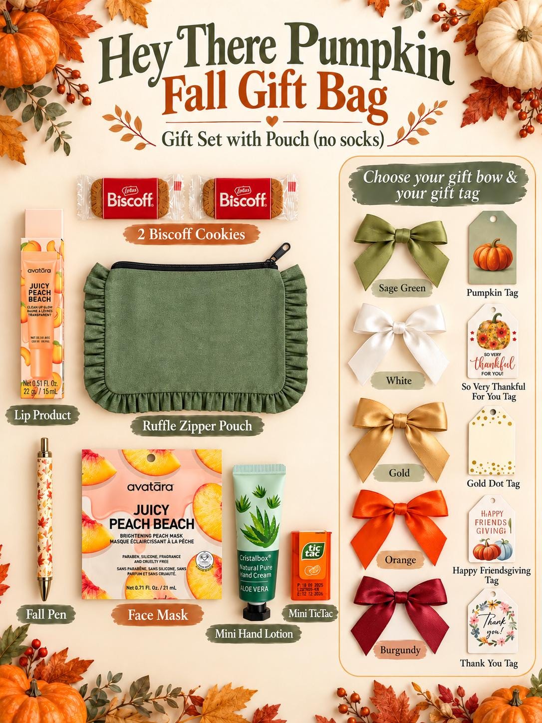 Hey There Pumpkin Friendsgiving Gift Bag | Green and Orange Thanksgiving Self Care Gift for Women with Cozy Socks, Lip Jelly & Face Mask