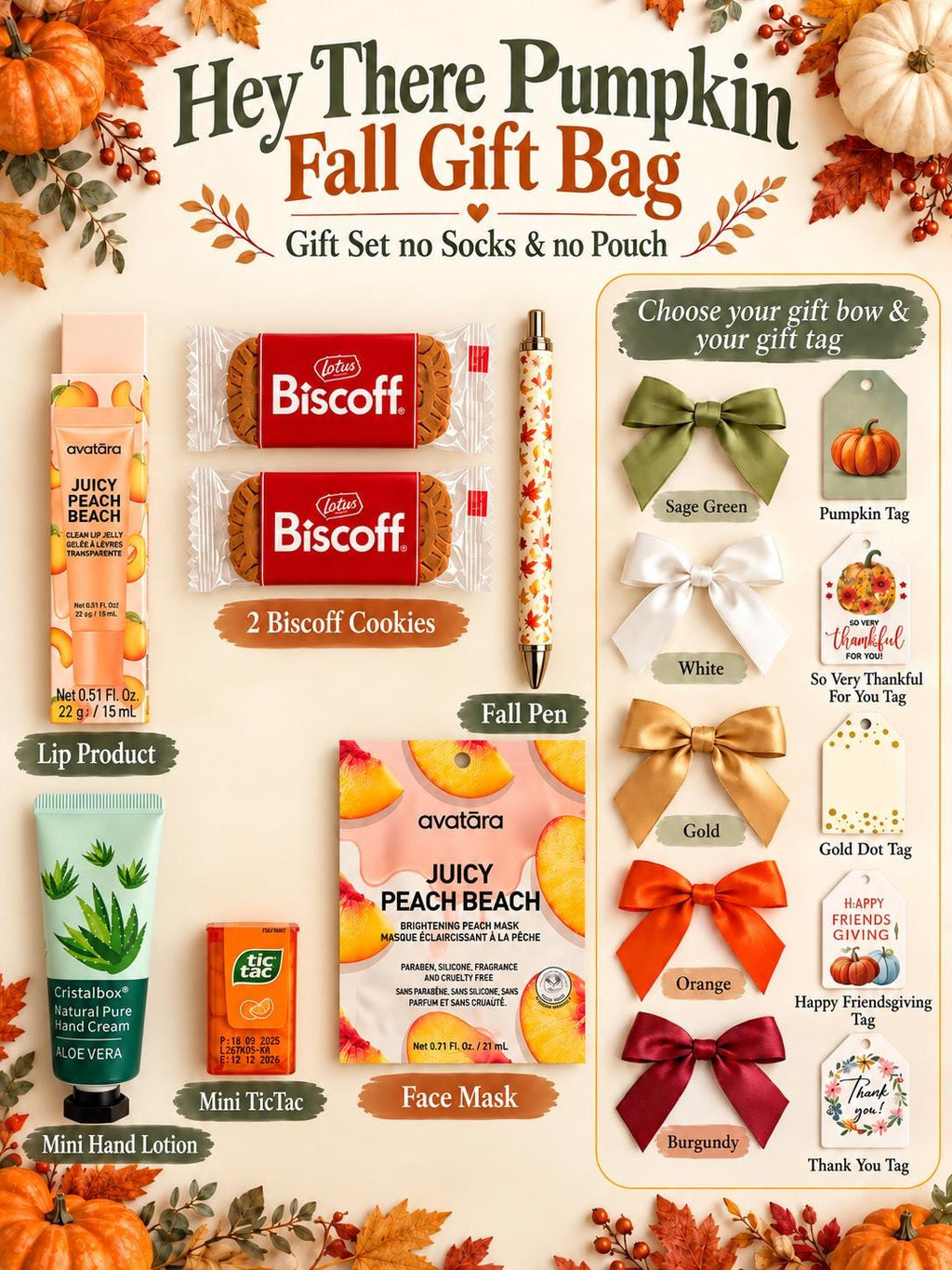 Hey There Pumpkin Friendsgiving Gift Bag | Green and Orange Thanksgiving Self Care Gift for Women with Cozy Socks, Lip Jelly & Face Mask