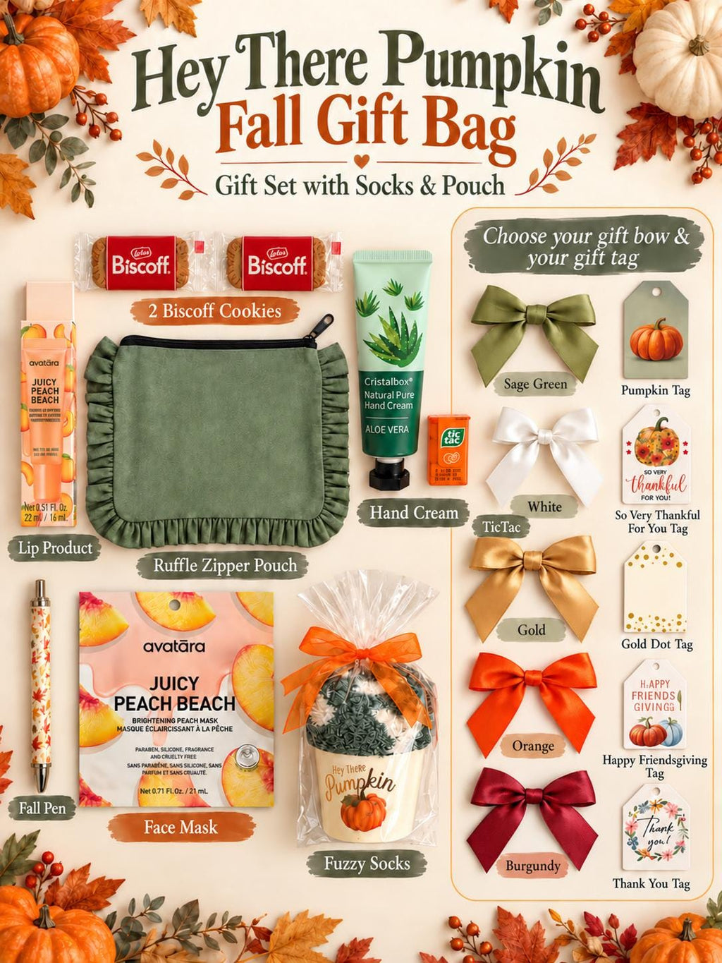 Hey There Pumpkin Friendsgiving Gift Bag | Green and Orange Thanksgiving Self Care Gift for Women with Cozy Socks, Lip Jelly & Face Mask