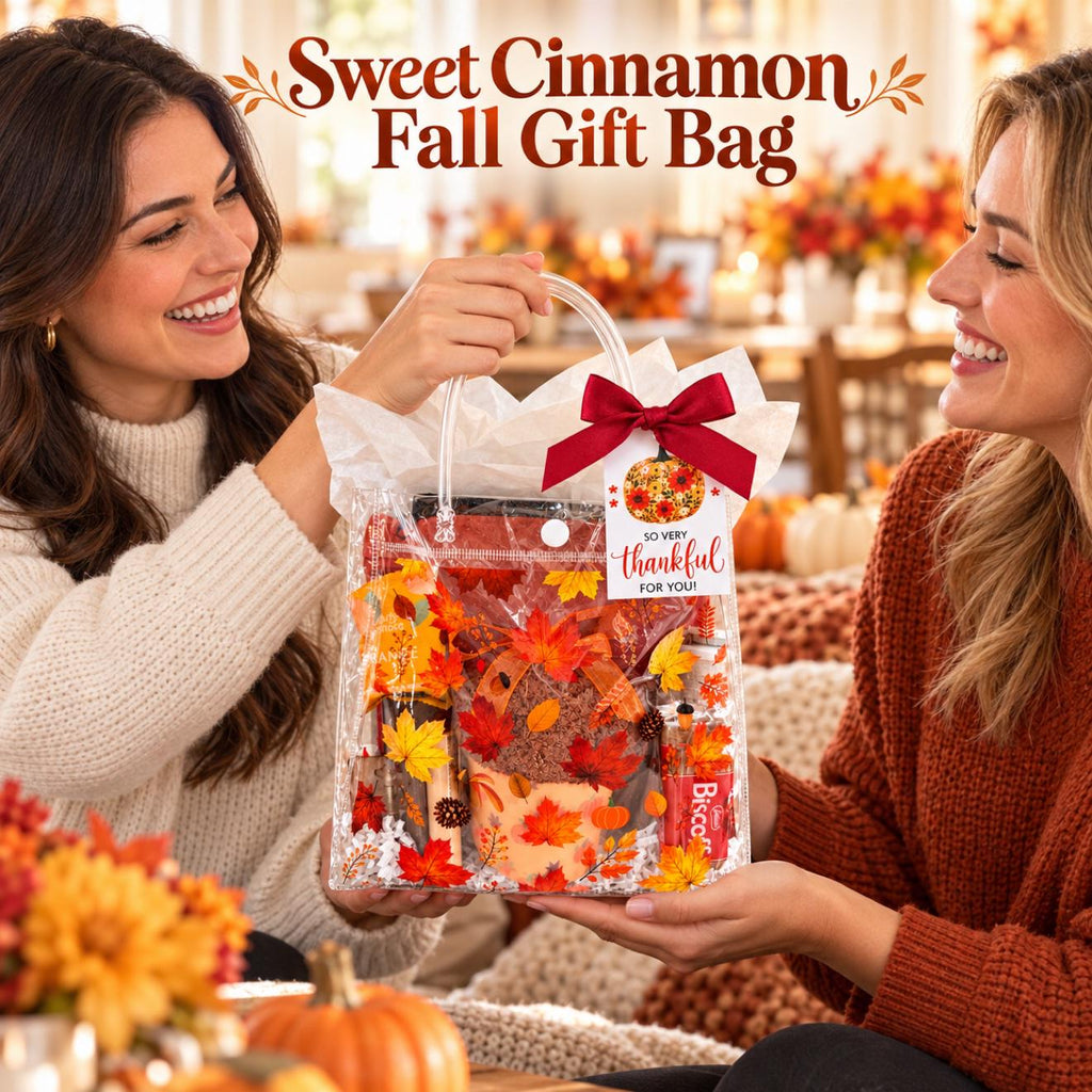 Sweet Cinnamon Fall Gift Bag for Her | Friend Host Thank You Gift with Cozy Socks, Shower Steamer, Hair Claw Clip & Honey Vanilla Hand Cream