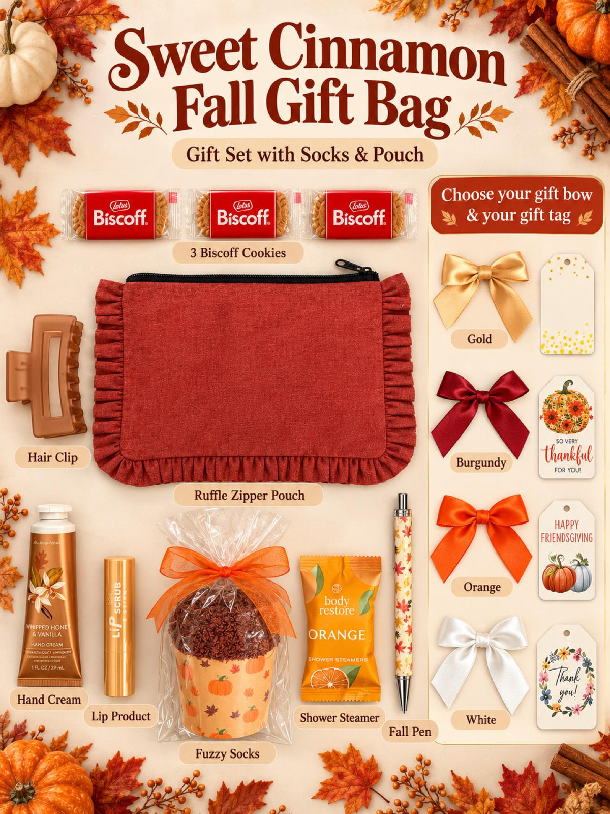 Sweet Cinnamon Fall Gift Bag for Her | Friend Host Thank You Gift with Cozy Socks, Shower Steamer, Hair Claw Clip & Honey Vanilla Hand Cream