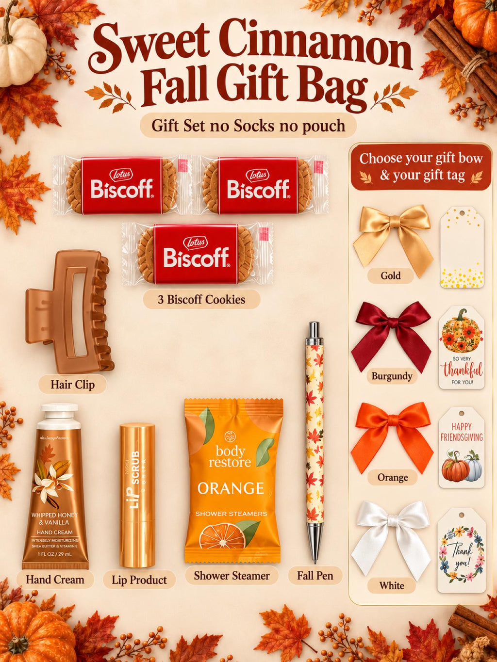 Sweet Cinnamon Fall Gift Bag for Her | Friend Host Thank You Gift with Cozy Socks, Shower Steamer, Hair Claw Clip & Honey Vanilla Hand Cream