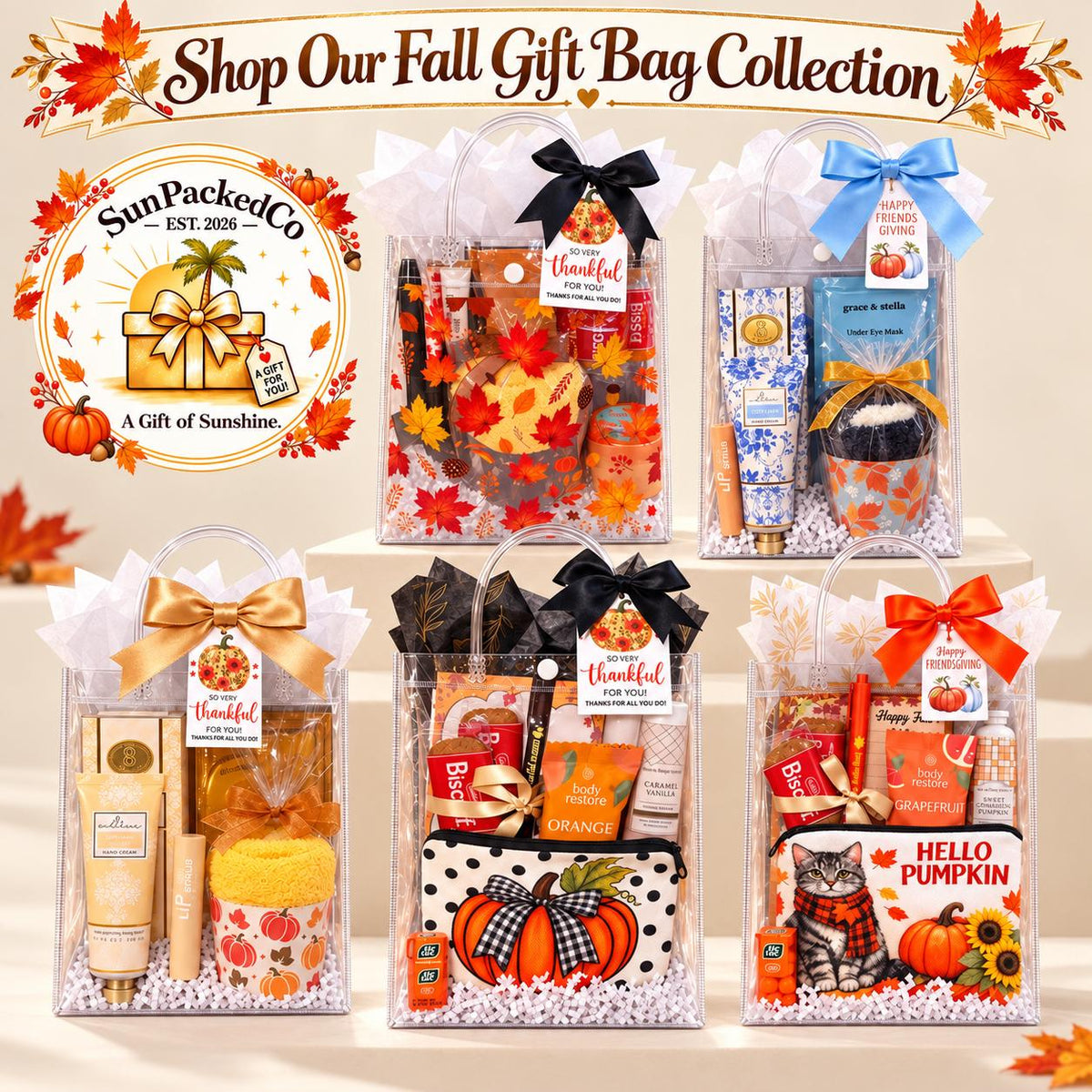 Sweet Cinnamon Fall Gift Bag for Her | Friend Host Thank You Gift with Cozy Socks, Shower Steamer, Hair Claw Clip & Honey Vanilla Hand Cream