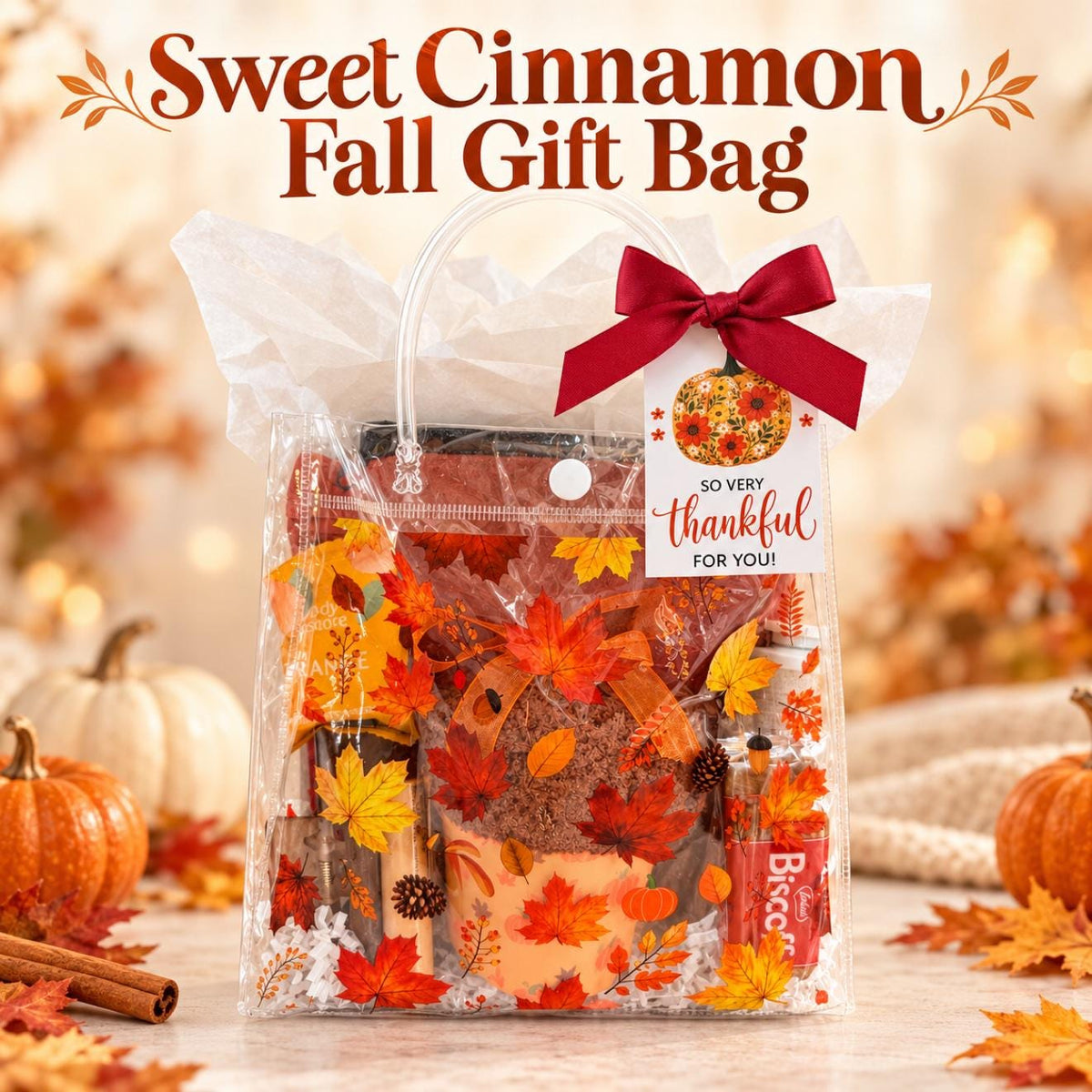 Sweet Cinnamon Fall Gift Bag for Her | Friend Host Thank You Gift with Cozy Socks, Shower Steamer, Hair Claw Clip & Honey Vanilla Hand Cream