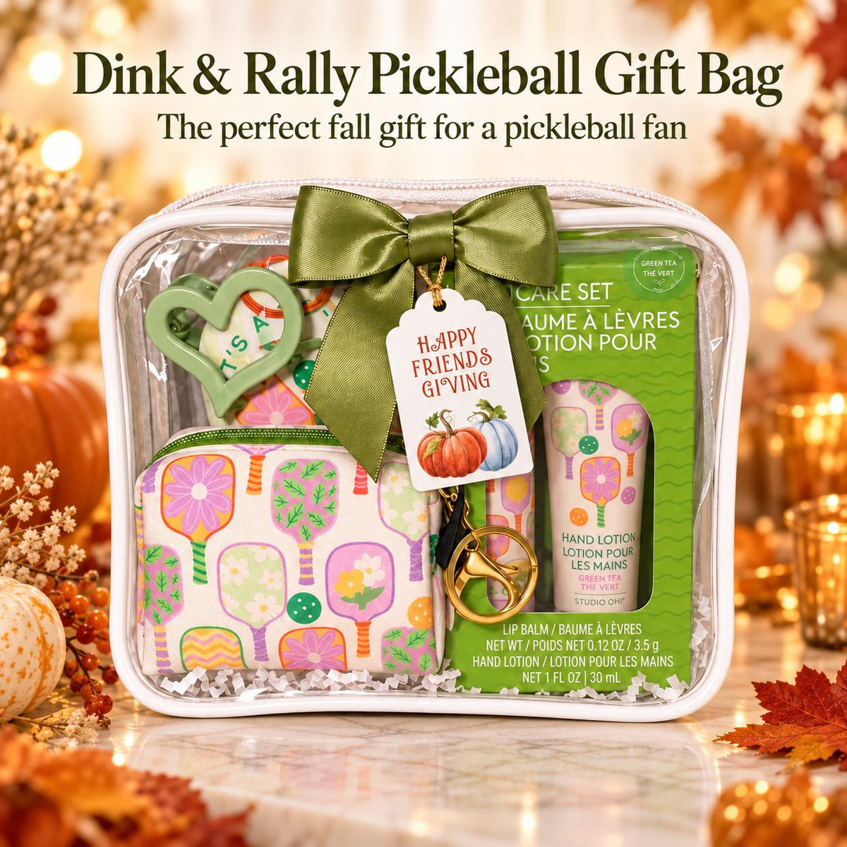 Dink & Rally Thanksgiving Pickleball Gift Bag | Hostess Gift with Pouch, Lip Balm and Hand Lotion, Sunscreen | Fall Thank You Gift