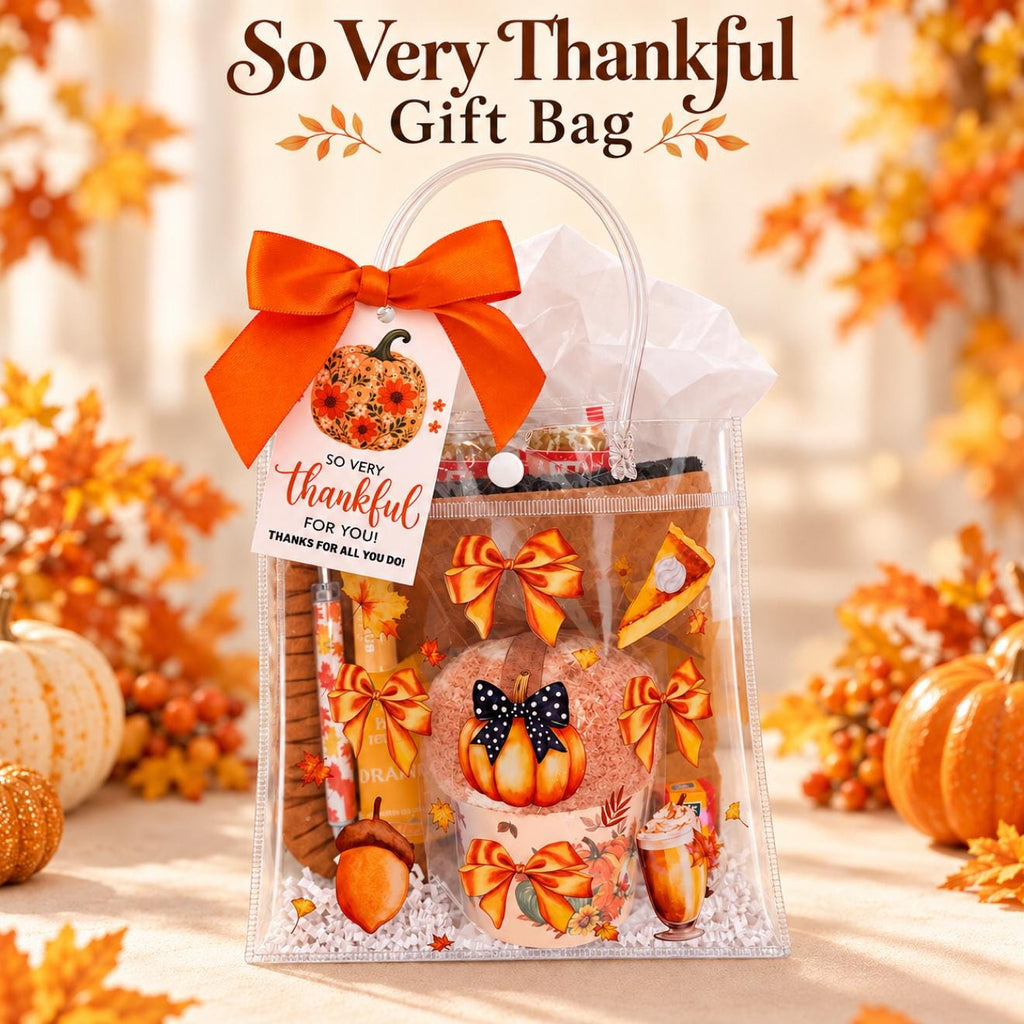 So Very Thankful Gift Bag | Fall Thank You Gift for Women, Cozy Socks Cupcake & Ruffle Pouch, Thanksgiving Hostess Friendsgiving Gift