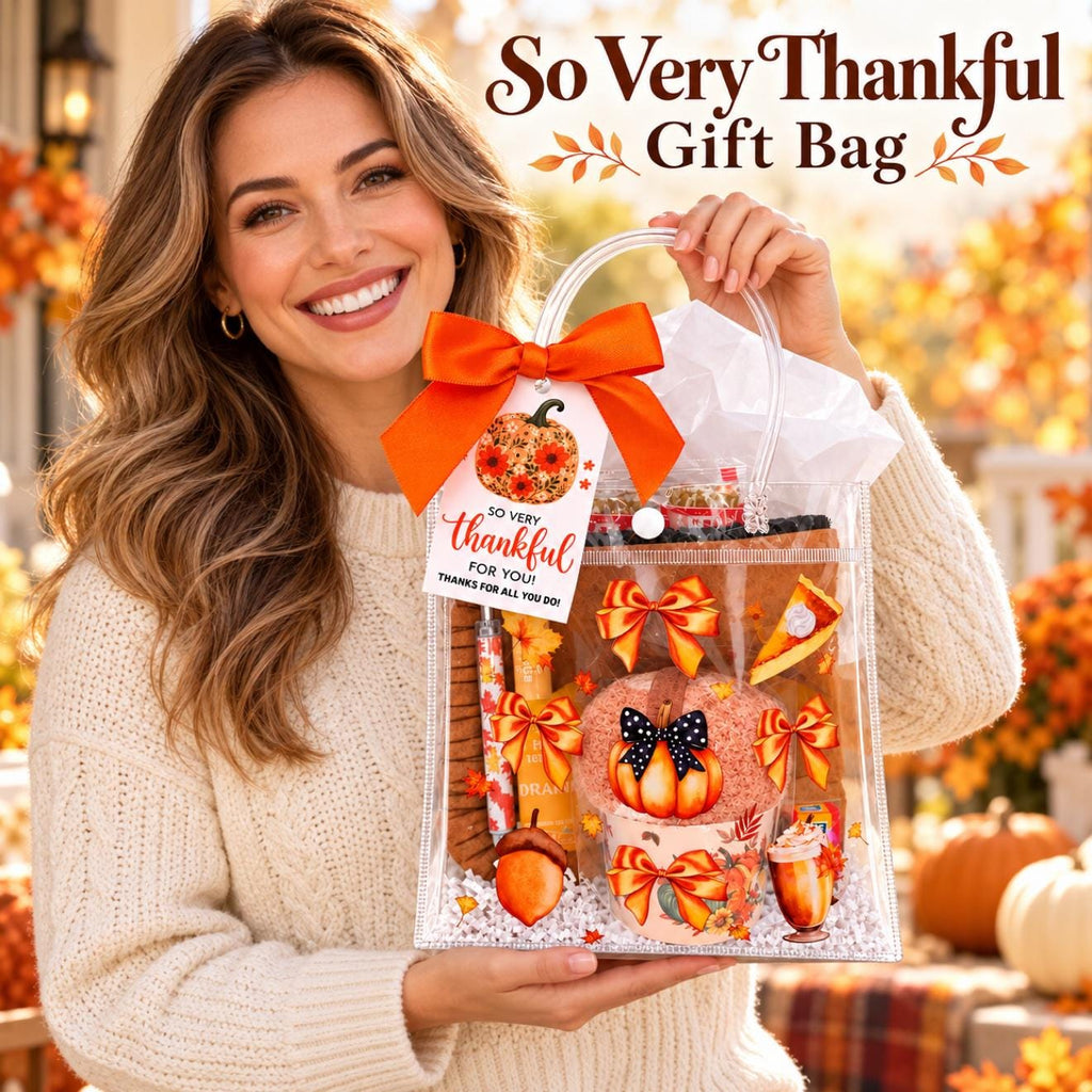 So Very Thankful Gift Bag | Fall Thank You Gift for Women, Cozy Socks Cupcake & Ruffle Pouch, Thanksgiving Hostess Friendsgiving Gift