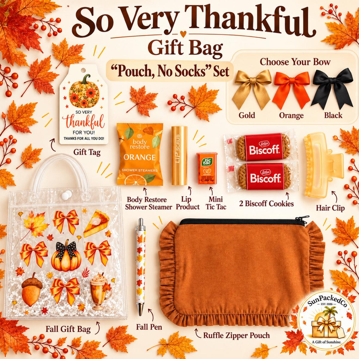 So Very Thankful Gift Bag | Fall Thank You Gift for Women, Cozy Socks Cupcake & Ruffle Pouch, Thanksgiving Hostess Friendsgiving Gift