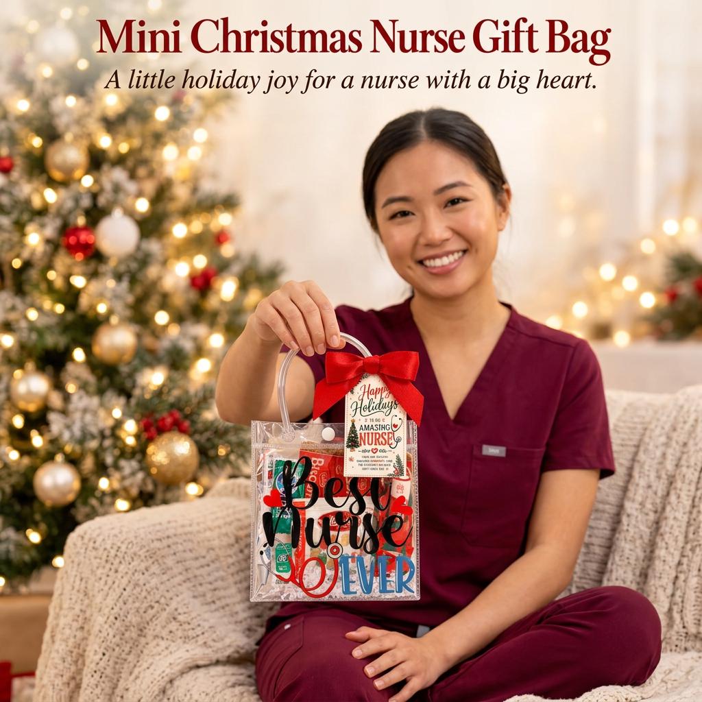 Mini Christmas Nurse Gift Bag with Lip Balm Holder | Nurse Appreciation Holiday Gift, Biscoff, Pen and Sticky Notes | Stocking Stuffer