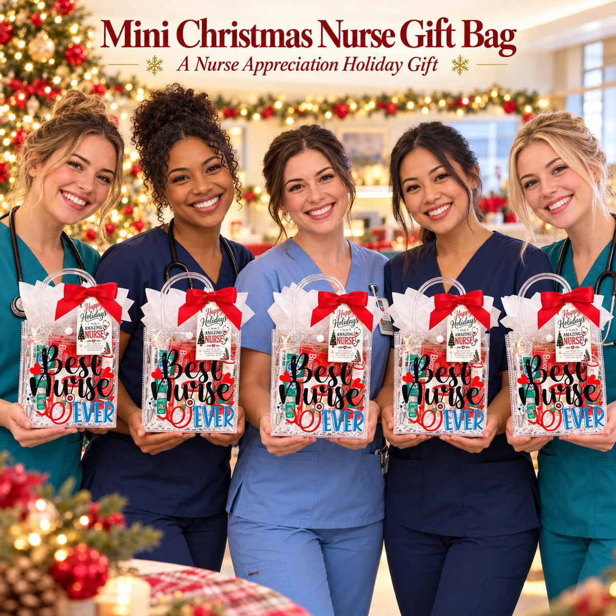 Mini Christmas Nurse Gift Bag with Lip Balm Holder | Nurse Appreciation Holiday Gift, Biscoff, Pen and Sticky Notes | Stocking Stuffer