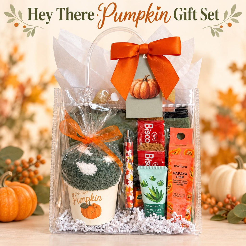 Hey There Pumpkin Friendsgiving Gift Bag | Green and Orange Thanksgiving Self Care Gift for Women with Cozy Socks, Lip Jelly & Face Mask