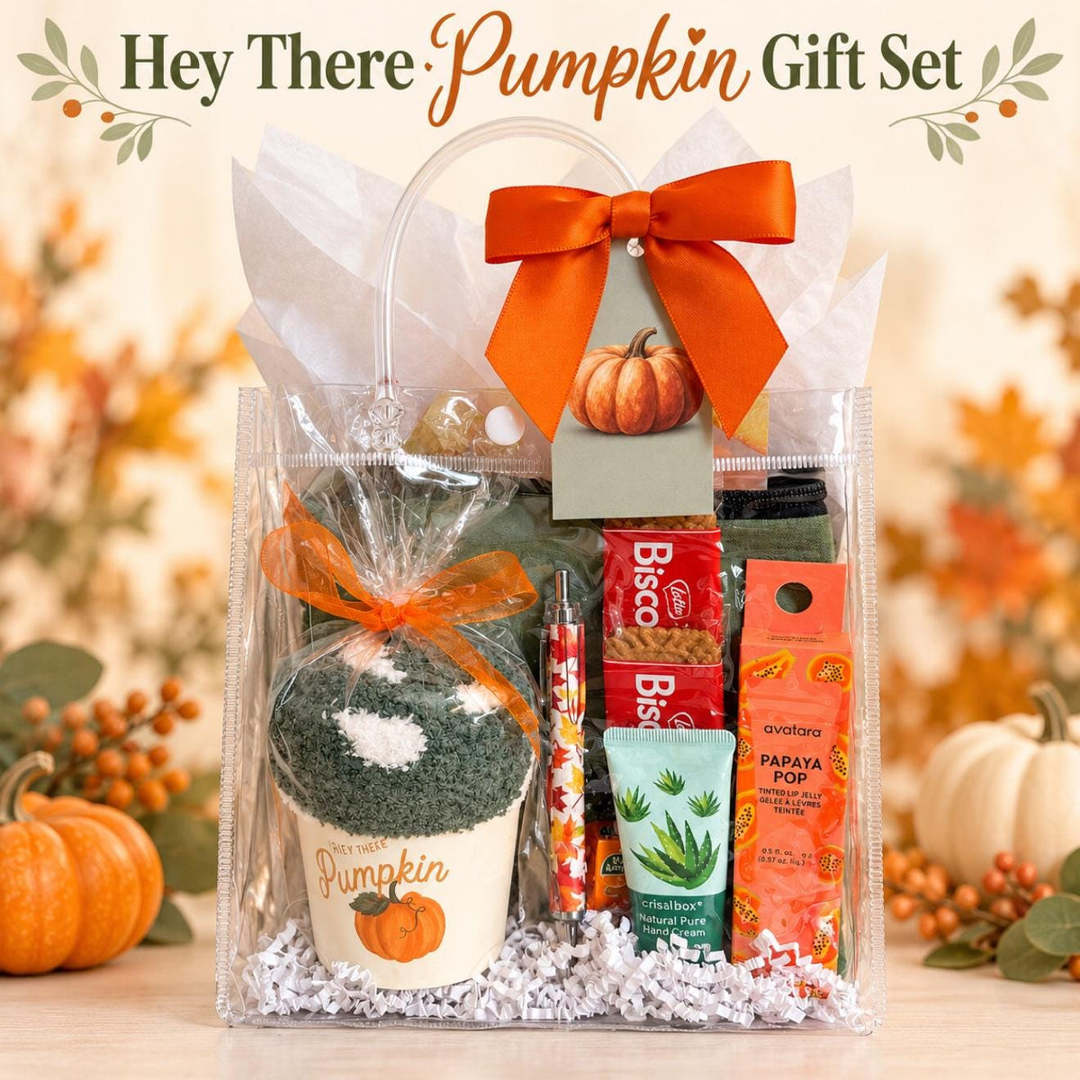 Hey There Pumpkin Friendsgiving Gift Bag | Green and Orange Thanksgiving Self Care Gift for Women with Cozy Socks, Lip Jelly & Face Mask