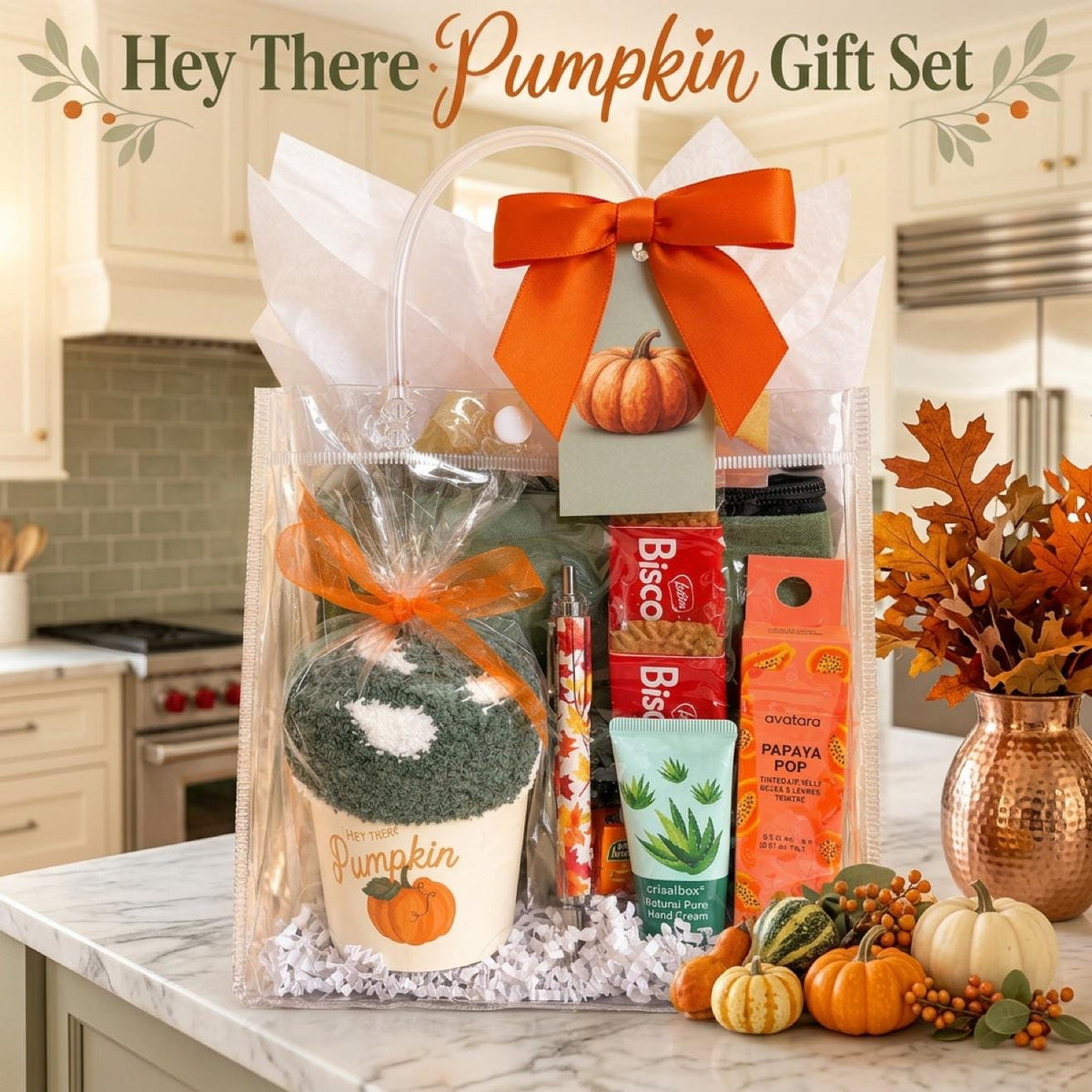 Hey There Pumpkin Friendsgiving Gift Bag | Green and Orange Thanksgiving Self Care Gift for Women with Cozy Socks, Lip Jelly & Face Mask