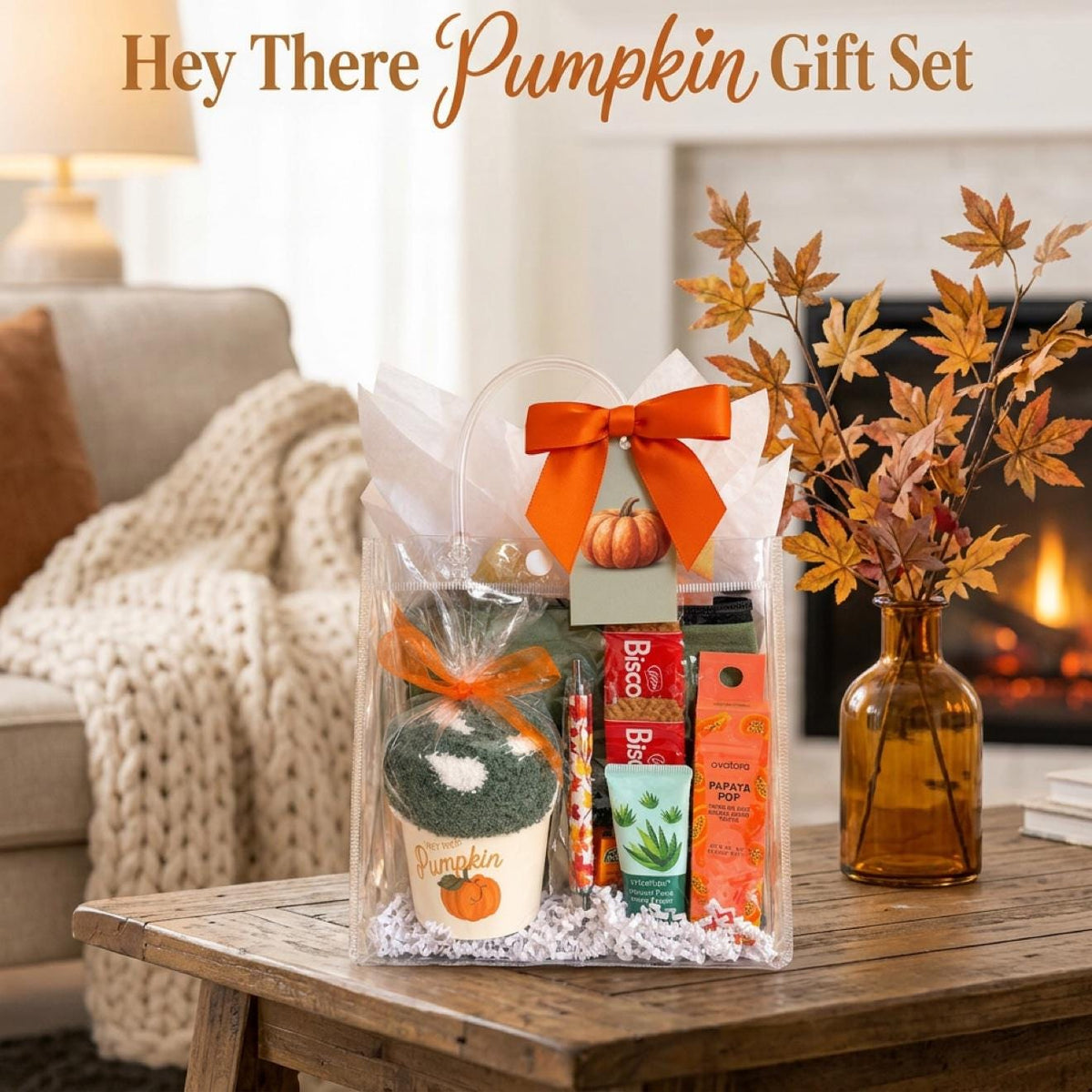 Hey There Pumpkin Friendsgiving Gift Bag | Green and Orange Thanksgiving Self Care Gift for Women with Cozy Socks, Lip Jelly & Face Mask
