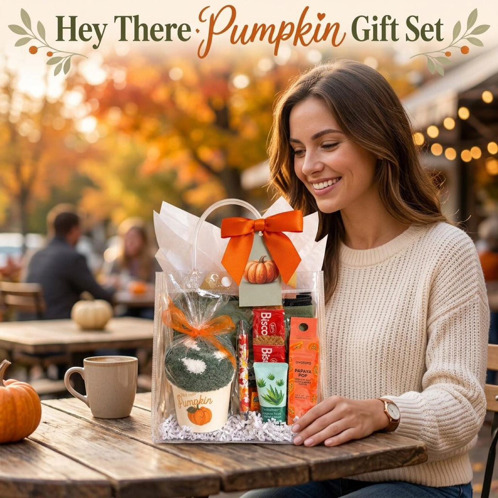 Hey There Pumpkin Friendsgiving Gift Bag | Green and Orange Thanksgiving Self Care Gift for Women with Cozy Socks, Lip Jelly & Face Mask