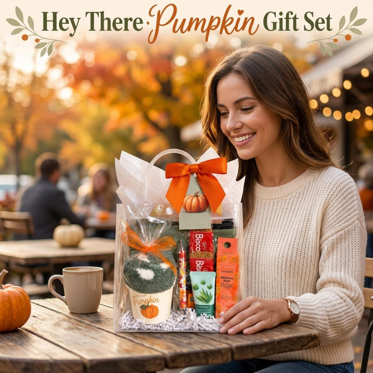 Hey There Pumpkin Friendsgiving Gift Bag | Green and Orange Thanksgiving Self Care Gift for Women with Cozy Socks, Lip Jelly & Face Mask