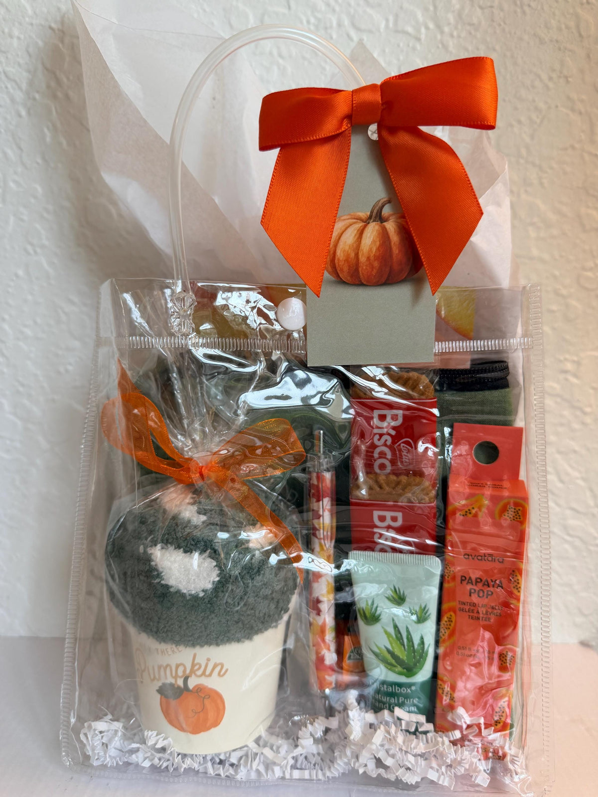Hey There Pumpkin Friendsgiving Gift Bag | Green and Orange Thanksgiving Self Care Gift for Women with Cozy Socks, Lip Jelly & Face Mask