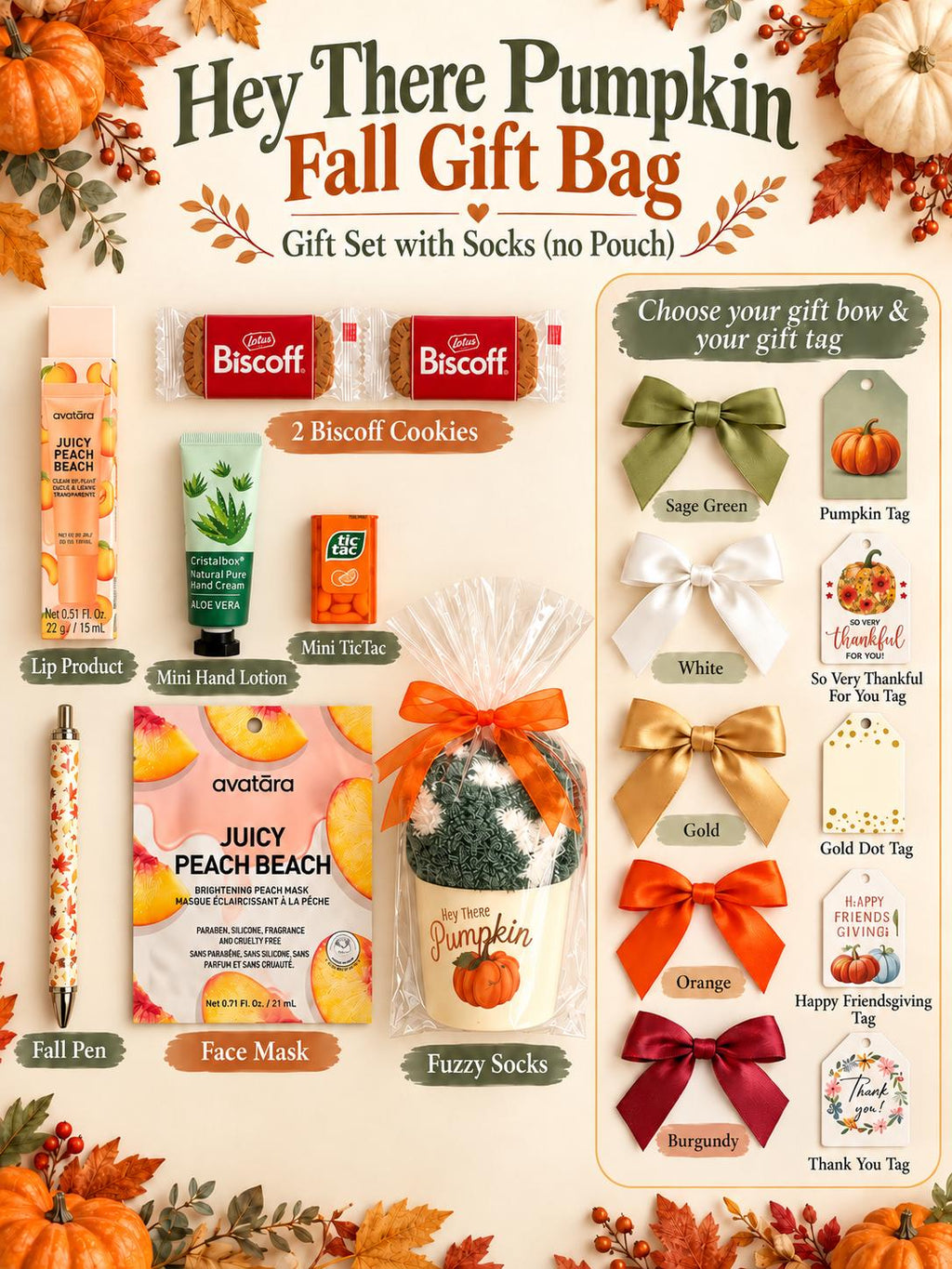 Hey There Pumpkin Friendsgiving Gift Bag | Green and Orange Thanksgiving Self Care Gift for Women with Cozy Socks, Lip Jelly & Face Mask