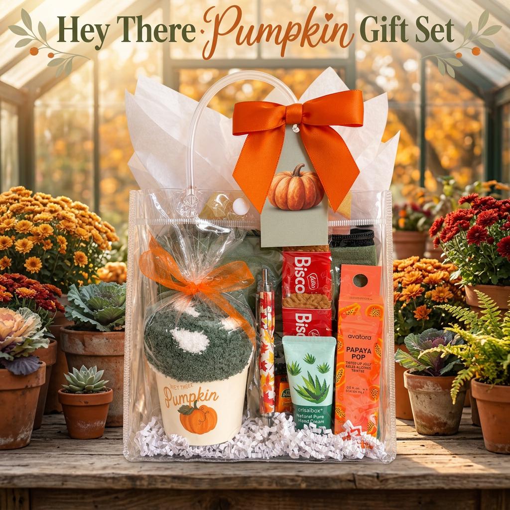 Hey There Pumpkin Friendsgiving Gift Bag | Green and Orange Thanksgiving Self Care Gift for Women with Cozy Socks, Lip Jelly & Face Mask