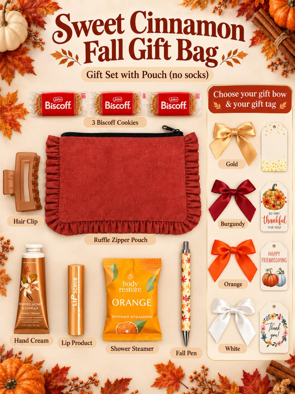 Sweet Cinnamon Fall Gift Bag for Her | Friend Host Thank You Gift with Cozy Socks, Shower Steamer, Hair Claw Clip & Honey Vanilla Hand Cream