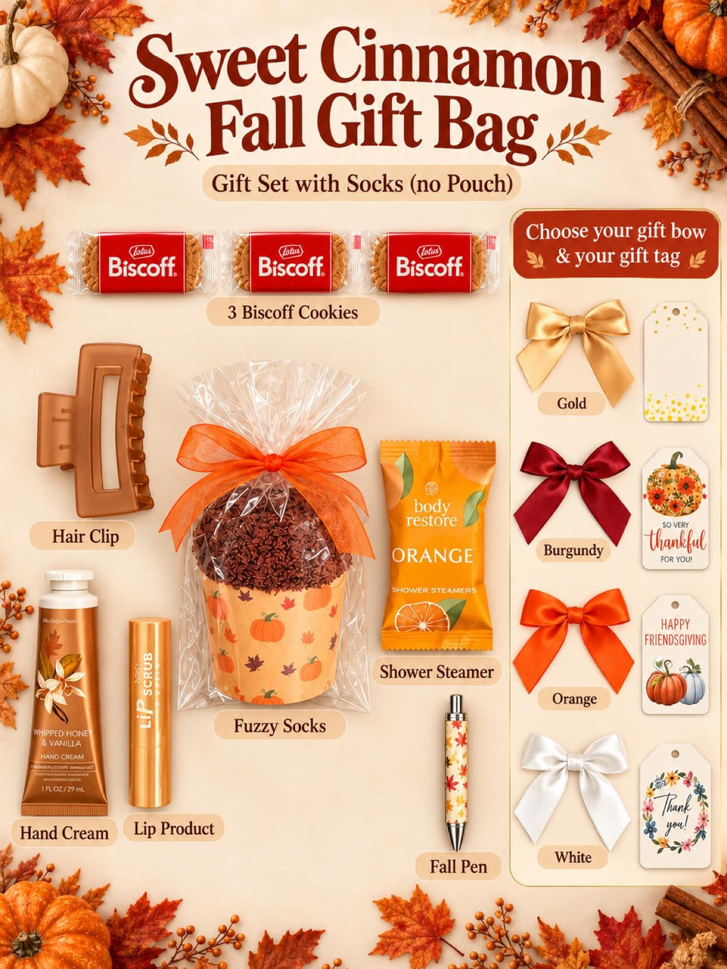 Sweet Cinnamon Fall Gift Bag for Her | Friend Host Thank You Gift with Cozy Socks, Shower Steamer, Hair Claw Clip & Honey Vanilla Hand Cream