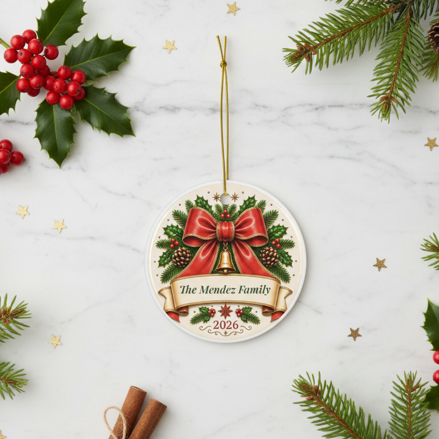 Ornament flat lay on white marble with holiday decorations