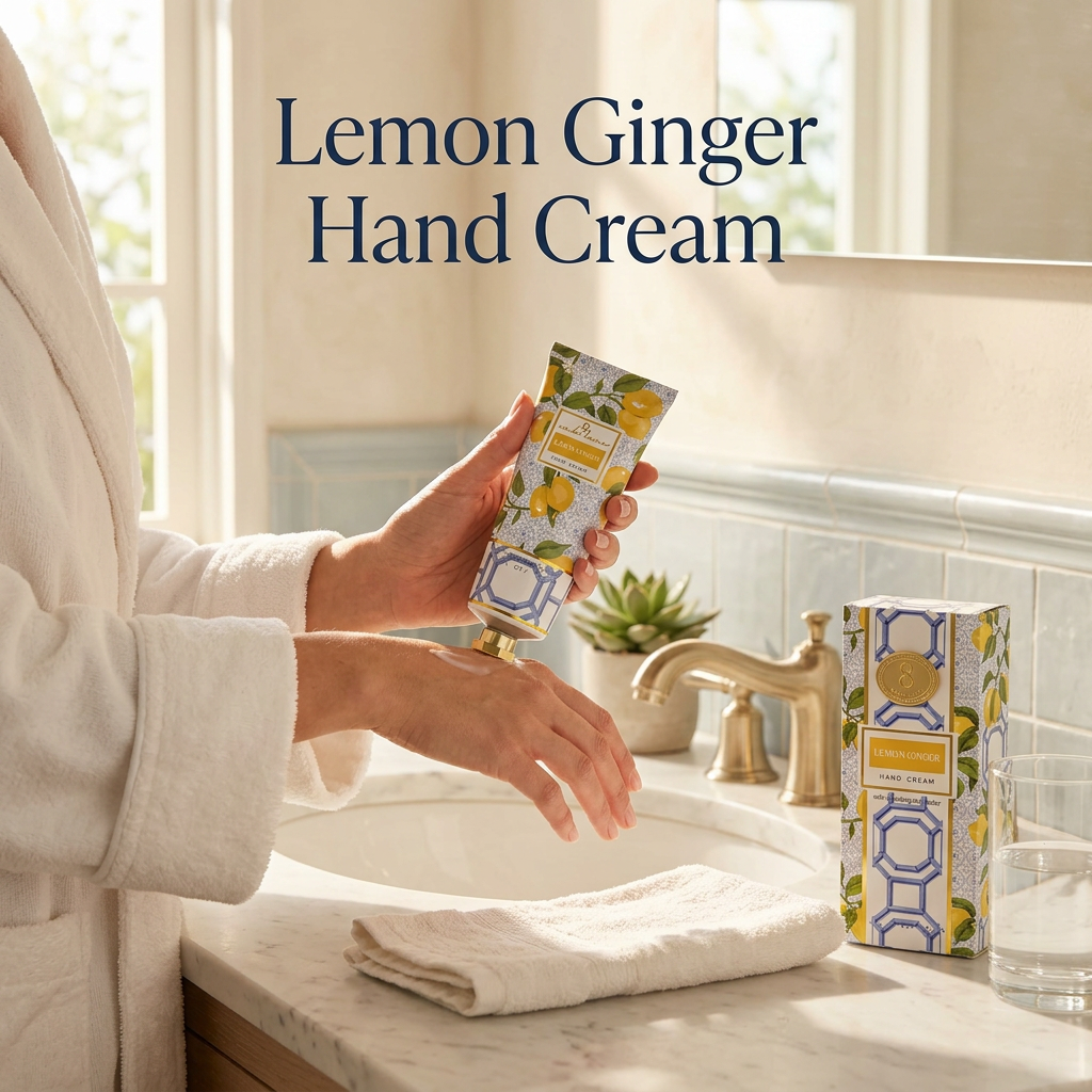 Lemon Ginger Hand Cream during a morning hand-care routine