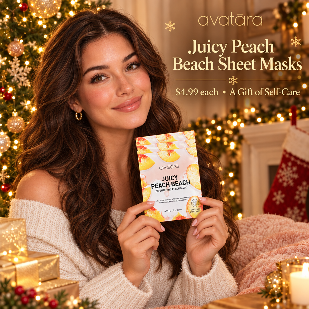 Woman holding one Avatara peach sheet mask beside a Christmas tree with $4.99 each gift text.