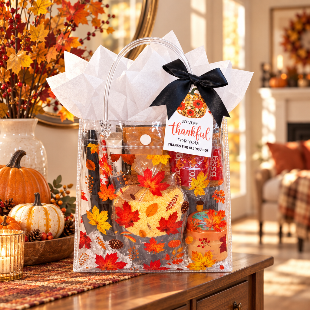 Fall Leaves gift bag on an autumn entryway console