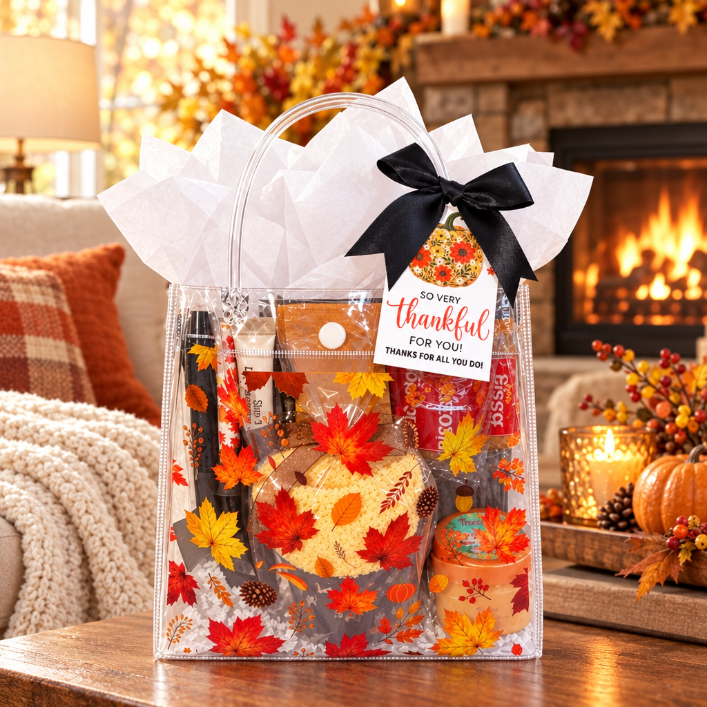 Fall Leaves gift bag in a cozy autumn living room