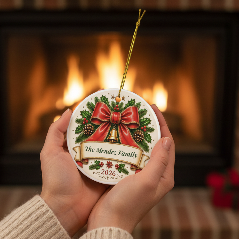 Ornament held in hands by cozy fireplace