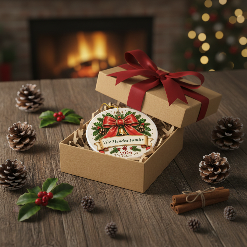 Ornament in gift box with holiday accents on rustic wood